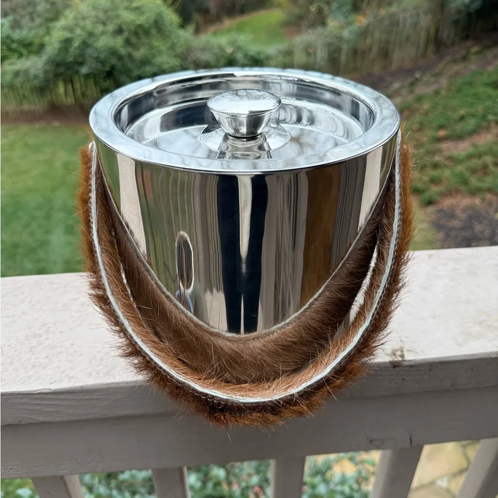 Silver Ice Bucket with animal hide Handle